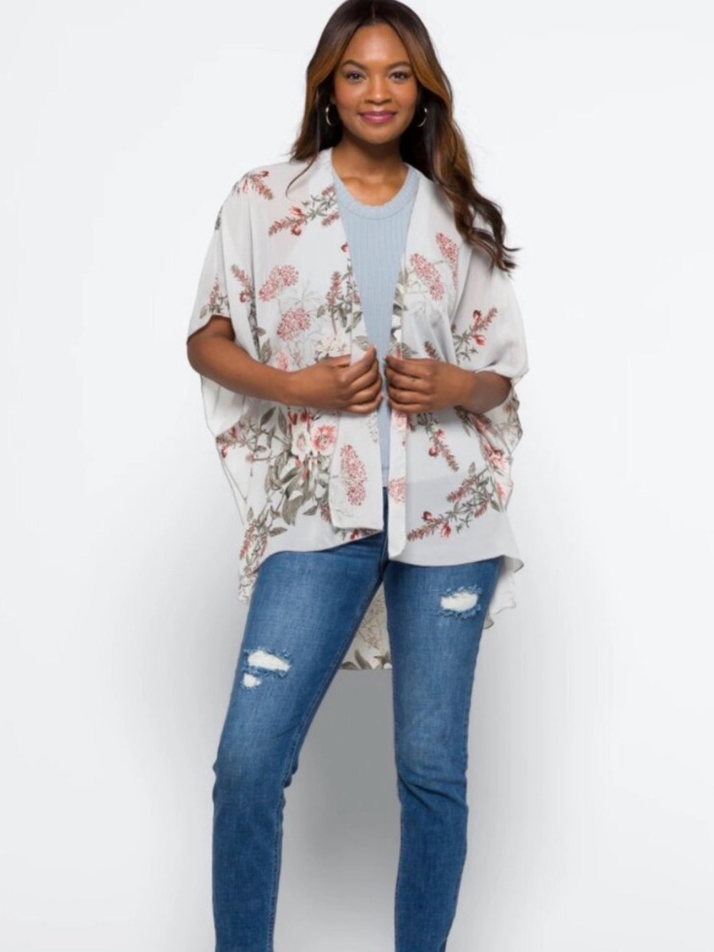 Emory Park Caley Open Front Kimono Style Light Blue-Gray Floral Woven Top Small